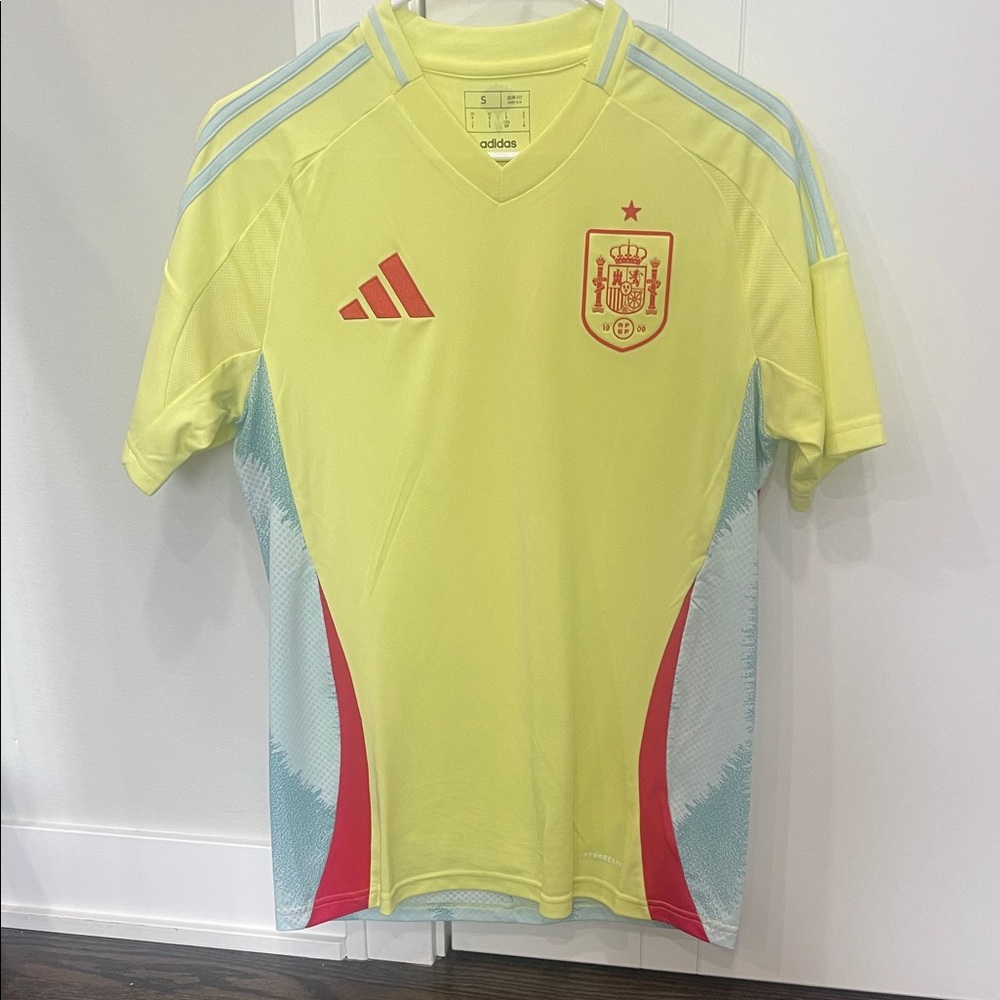 Adidas Yellow Spain Football Jersey with Red and Light Blue Accents